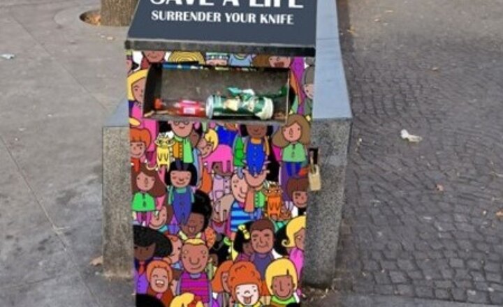 Image of Twyford Graphics students redesign knife surrender bins in Acton